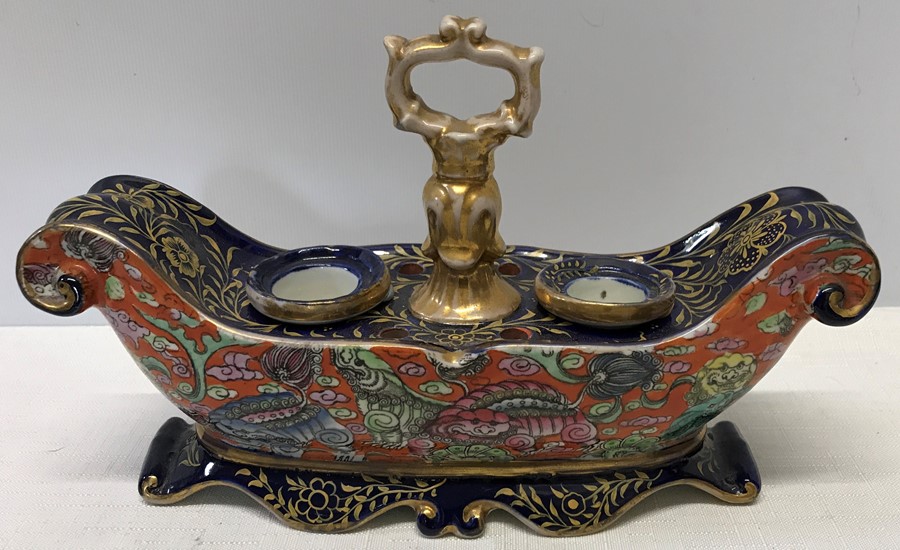 A rare Masons Ironstone Bandana pattern inkwell. C1830-40. 20cms l.