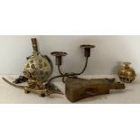 Brass items to include 2 flasks, bell candleholder, dachshund dog and dachshund letter opener.