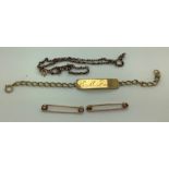 Nine carat gold to include an identity bracelet, 2 bar brooches and a chain necklace. 19gms.