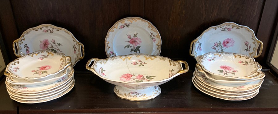 Early 19thC English porcelain dessert service, 16 pieces, 3 in good condition, 2 stained, the rest