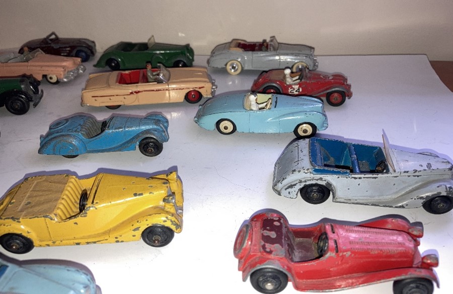 A large collection of playworn Dinky convertible cars to include Jaguar, Armstrong Siddelet, Sunbeam - Image 3 of 17