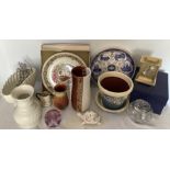 A boxed lot including President carriage clock, glass rose bowl, Poole vase, Sylvac vase, Devon