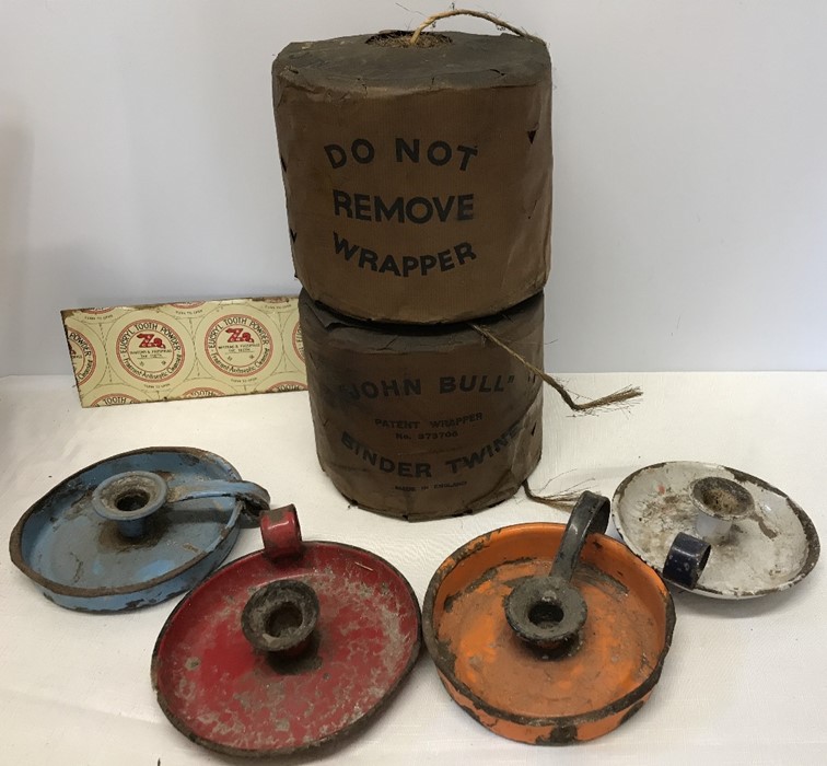 John Bull binder twine in original wrappers, 4 enamel chamber sticks and a Eucryl Toothpowder sign.