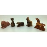 Carved Chinese animals to include Tigers-eye, goldstone, resin, snake 5cms h. (5)