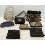 Eight vintage evening bags including Waldybag with enamel plaque to front, hand painted satin bag