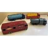 Four Dinky playworn toys to include Express Horse Box Hire Service, Pressure Refueller 642, A.E.C.