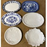 Six assorted meat plates, 3 x blue and white, 2 basket weave and 1 leaf shape.