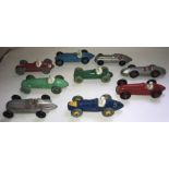 Nine Dinky playworn single seat racing cars to include, Ferrari 234, Mercedez Benz, Alfa-Romeo