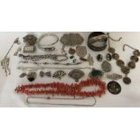 A selection of vintage jewellery to include silver bangles, coral, Victorian silver brooches, EPNS