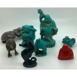 Eight various Chinese figures including metal bird and seahorse resin and soapstone. Tallest 12cms