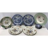 Four Masons Ironstone plates, 1 with firing crack, two bowls and a dish, good condition. Blue and