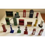 A large collection of Dinky toys playworn toys to include Dunlop tyre rack, Telephone box, Police