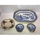 A Miles Mason plate, 29.5 x 38.5cms, 2 shell dishes and a repaired dish. Pattern No. 104.