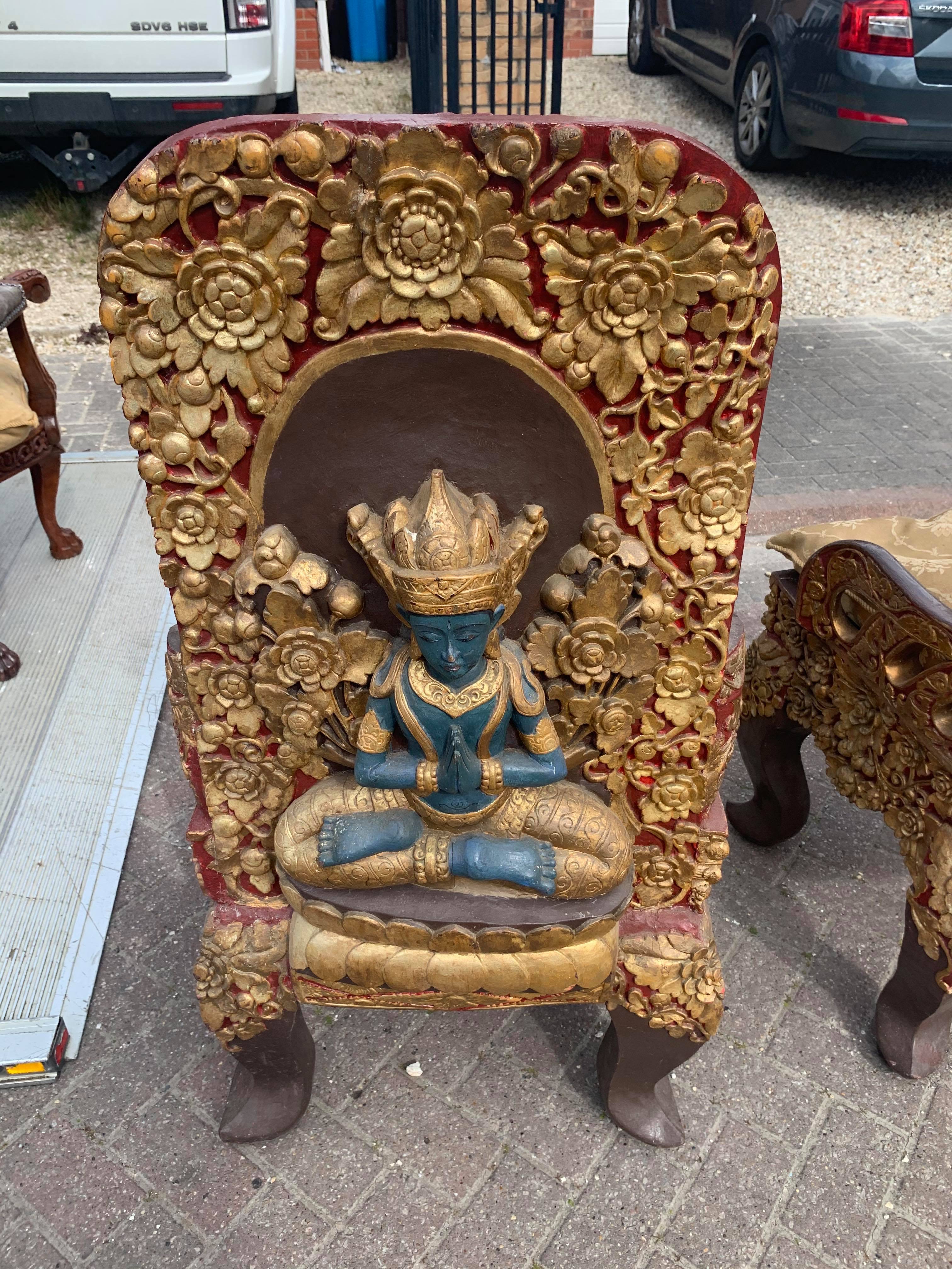 A pair of early 20thC Tibetan ceremonial chairs with gilt decoration to top. - Image 3 of 13