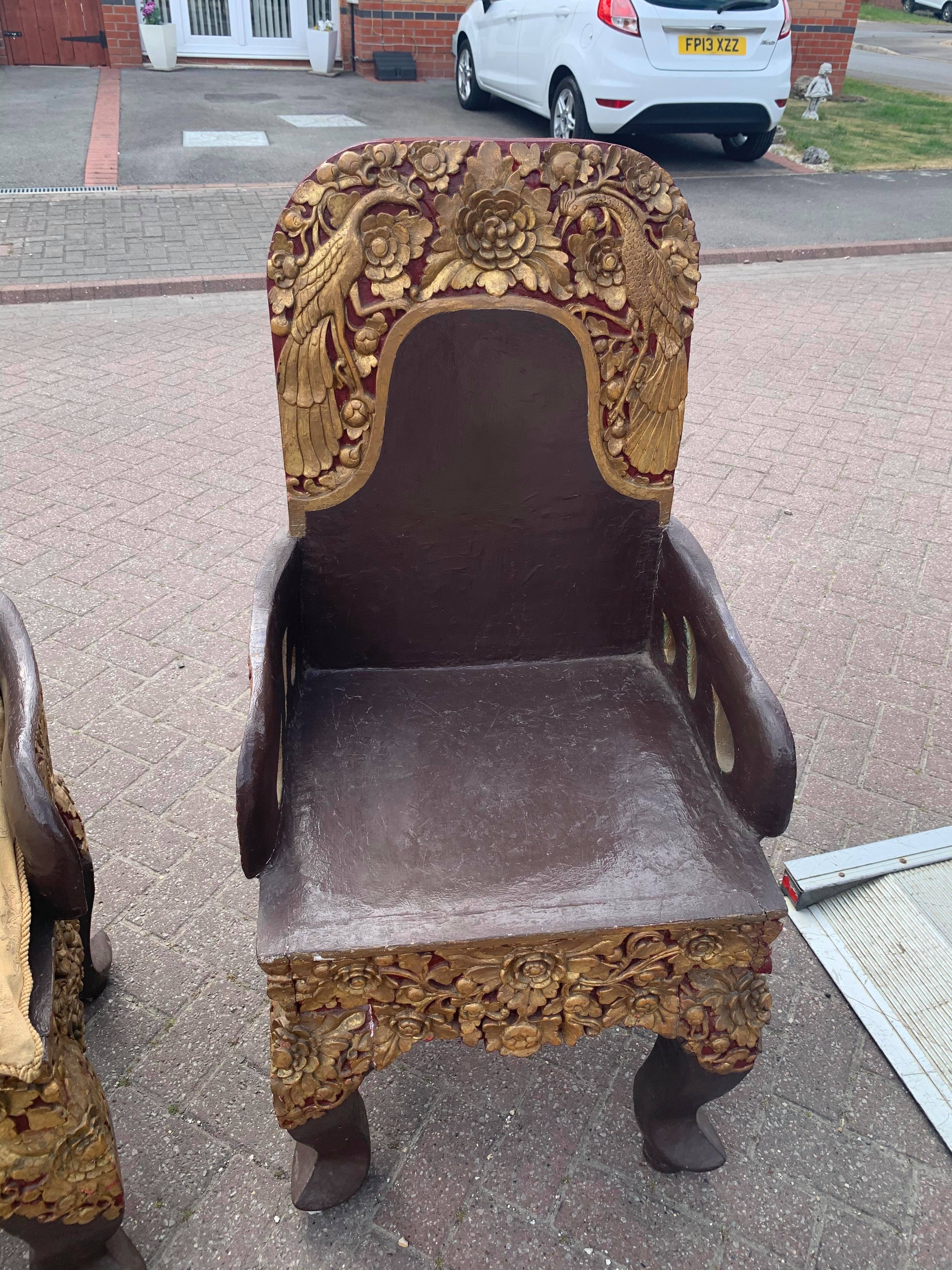 A pair of early 20thC Tibetan ceremonial chairs with gilt decoration to top. - Image 2 of 13