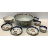 Eighteenth and 19thC Chinese ceramics to include 2 bowls, both a/f, 3 saucers and 3 tea bowls (2 a/