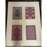 Various miniature Turkish woven rugs set in frames, 7 frames contains rugs of varying sizes. Largest