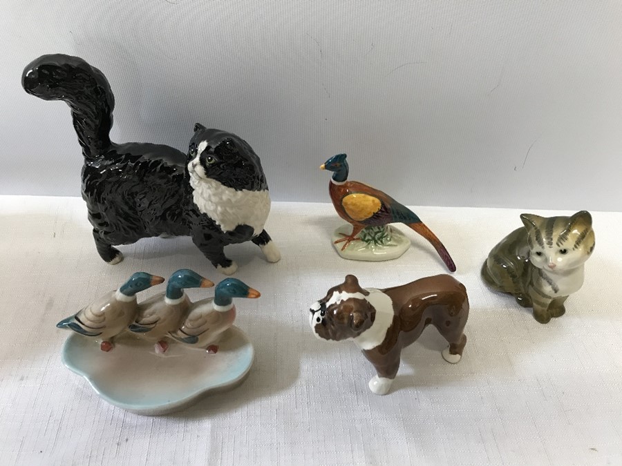 Beswick animals to include 2 cats, bulldog, ducks pintray and a pheasant, unmarked. All good