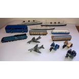 A collection of Dinky playworn toys to include LNER 2509, Supermarine Swift 734, Hawker Hunter