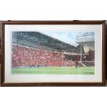 Framed coloured print after Frank Green. The Last Game at the Kop, Liverpool Football Club. 37 h x