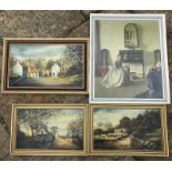 Three gilt framed oil paintings on board. Glynn Barker Village scenes, Appletree Wick, North Cave