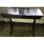Ebonised Victorian fold over card table, size open 91 x 91cms.
