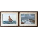 Pair oak framed watercolours, G H Jenkins coastal scenes, Plymouth fishing boats and waves