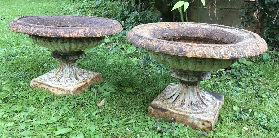 A pair of 19thC cast iron garden urns. 38cms d. - Image 2 of 2