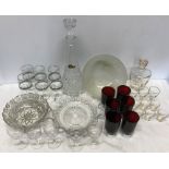 Glassware to include Julia lead crystal decanter, stopper chipped, gilt rimmed decanter and