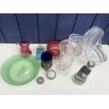 Glassware to include cranberry jug, bowl, cut glass basket, 2 paperweights, inkwell etc.