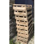 Nine vintage wooden fruit crates marked JPF and F. J Reeve and Sons (1977) Each approximately 76 x