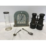 Enfield 8 day art deco mantle clock, crease bend to dial, a pair of French nautical binoculars by