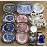 Pottery selection, blue and white meat plates, large willow pattern plate with glaze chips and
