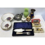 Mixed lot, H and K Tunstall vase 17cms h and Viola jug, silver plate cased carving set, Bunnykins