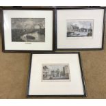 Three framed coloured engraving prints. Queens Dock Hull 15 x 22cms, The Market Place, Hull 11 x