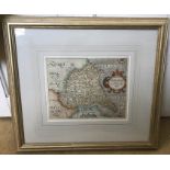 Framed map, hand coloured, East Riding of Yorkshire, 18thC. 21h x 26cms w.