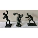 Three miniature bronze figures, tallest 11cms.Condition Report1 a/f.