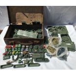 Collection of plastic military vehicles and soldiers and accessories in a small pressed board case.