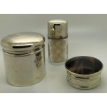 Silver topped smelling salts bottle, Birmingham 1901, tortoiseshell and silver jar London 1925 and a