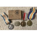 WW 1 medals, group of 3 with ribbons and a dog tag 32620 Pte A Fletcher Y and L.R.