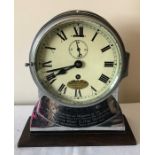 A chrome B. Cooke and Son Ltd Hull Ships clock mounted on presentation base, 17cms d, presented by