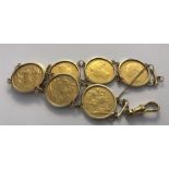 A gold bracelet made up of 7 gold sovereigns mounted and linked in unmarked yellow metal, 1885 x