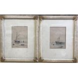 Pair of framed watercolours, inistinctly signed. Coastal scenes with sailing ships in harbour. 17