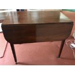 A 19thC mahogany pembroke table with crack to one leaf. 84 x 51 with dropped leaves.