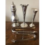 Silver to include 2 specimen vases, weighted bases, sugar shaker, London 1918 and two pairs sugar