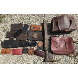 Selection of handbags, purses, leather bag and a leather school satchel and a cobblers last.