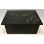 Victorian brass slippers box, unpolished. 40 w x 21 h x 26cms d.