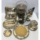Selection of silver plate tableware. 3 tier cake stand, chopping board trays, biscuit barrel,