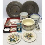 Indian metal chargers, two potties, Spode cake plate, Royal Crown Derby 'Posies' dish tea