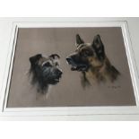 Framed pastel painting John Naylor 95, portrait of Alsation and Terrier dogs. 28 h x 38cms w.